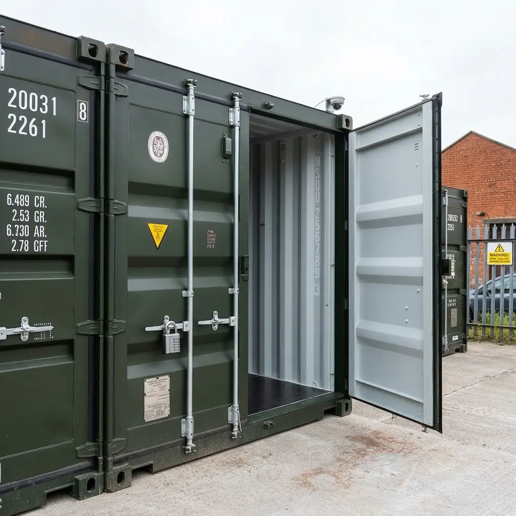 20ft secure storage container with open door for hire in Manchester and Salford