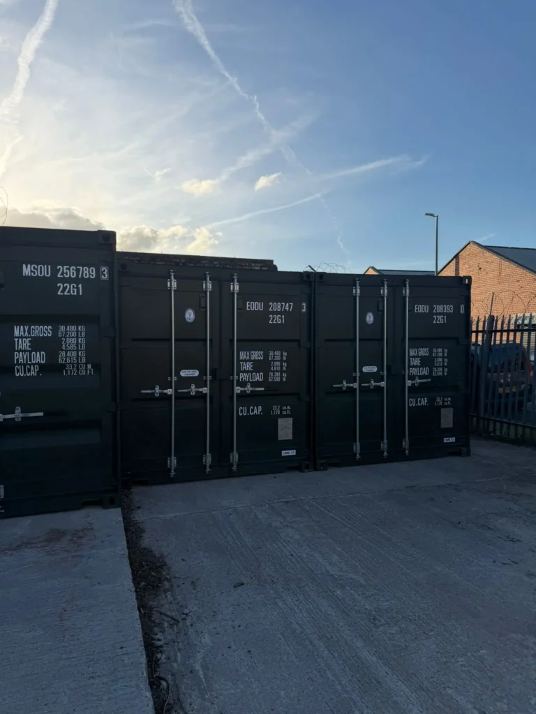 Three secure storage containers in a row at the Salford compound