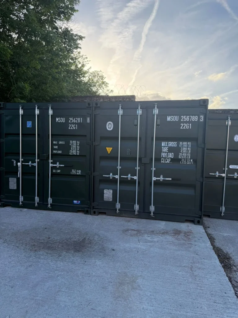 Renovation storage Manchester: secure storage containers at the Swift Secure Salford compound, one with its door open
