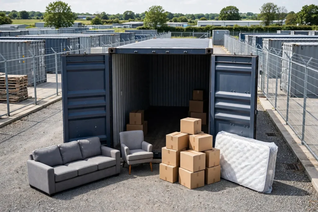 Sofa, armchair and boxes at a secure container storage unit in Manchester, Greater Manchester