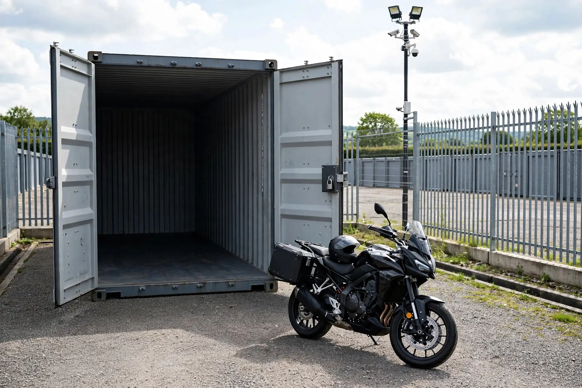 Motorbike parked outside a secure storage container in Manchester, Greater Manchester