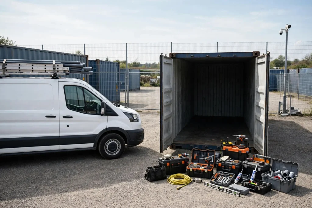 Tradesman's van and tools at a secure container storage unit in Manchester, Greater Manchester
